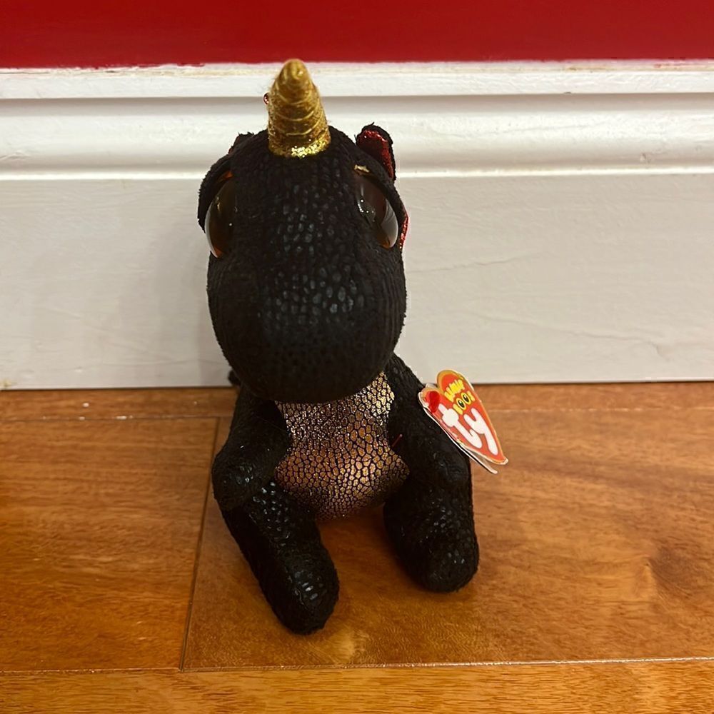 Ty Beanie Boos Plush Toy Unisex Black Grindal Dragon Red Wings Gold Horn Small